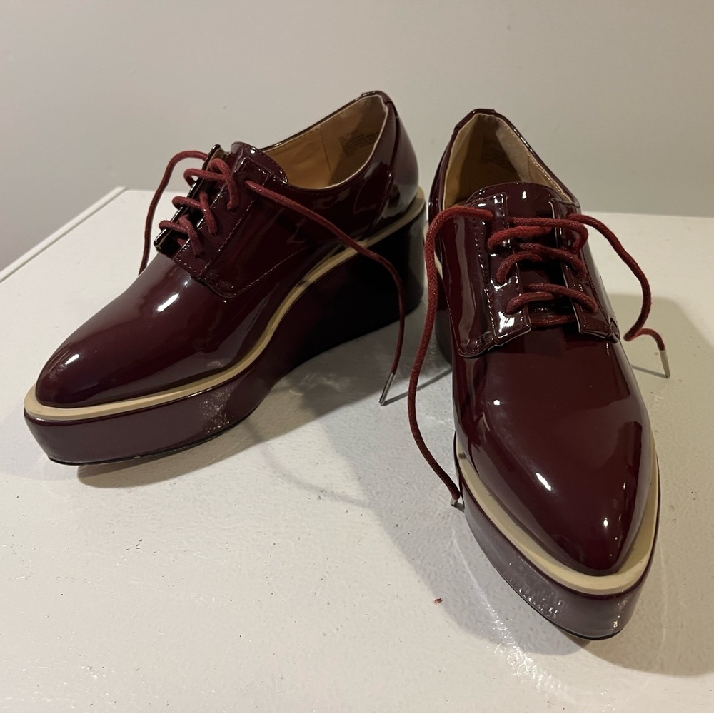 Burgundy patent leather platform Oxfords